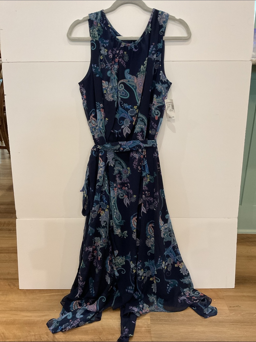 Roz & Ali Navy Blue Lined Chiffon Floral Handkerchief Hem Dress